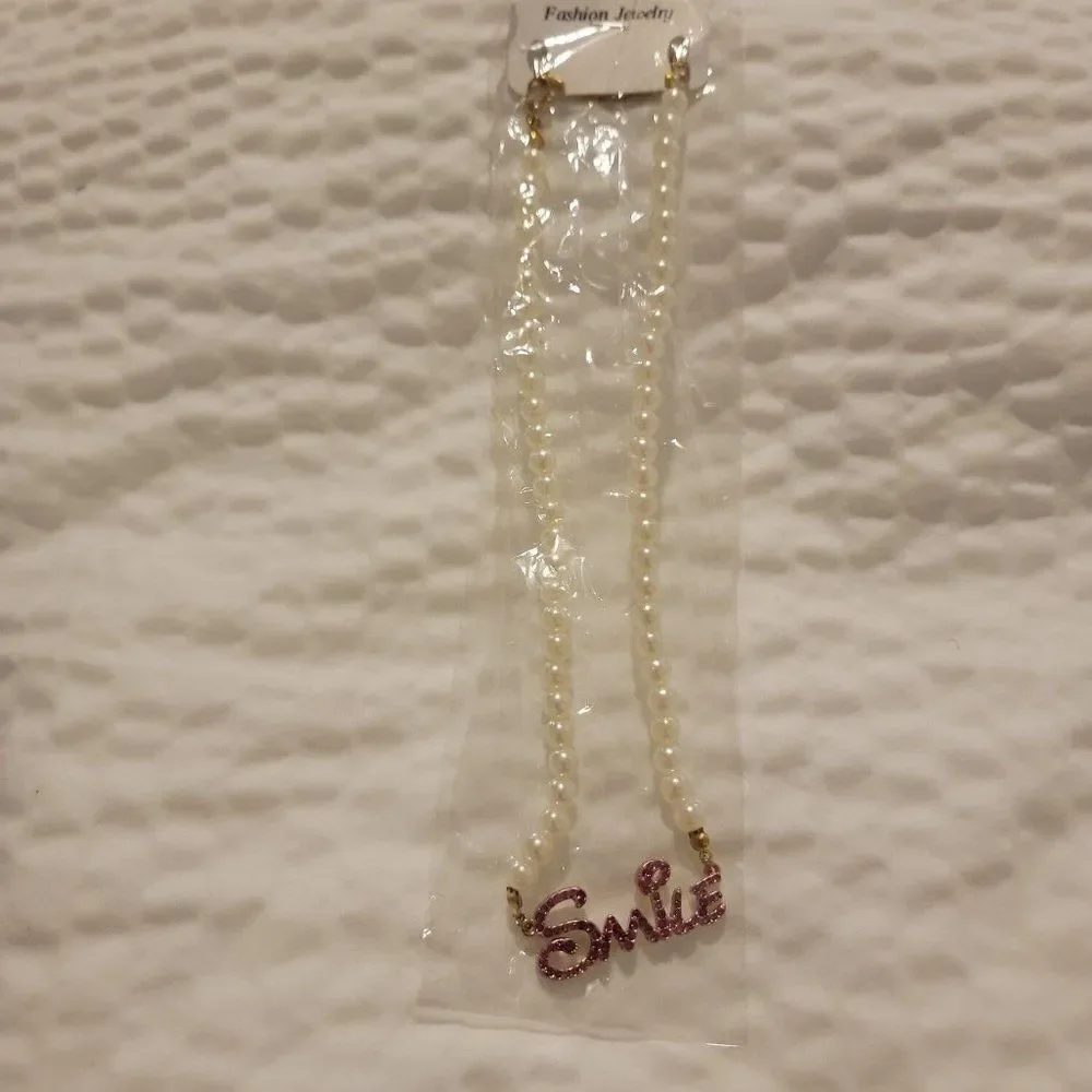 Womens Pink Smile Pendant White Pearl Necklace